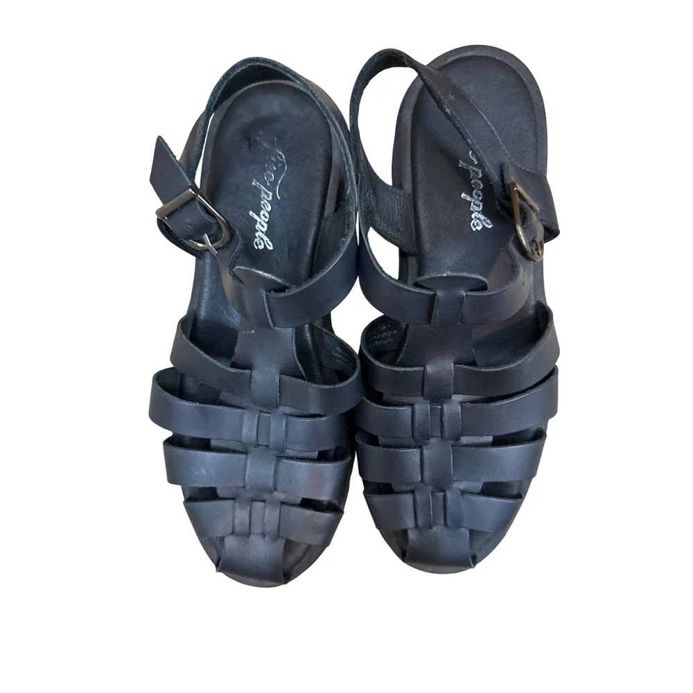Free People Black Leather Delaney Fisherman Platform Sandals Lug Sole EU39 US9.5